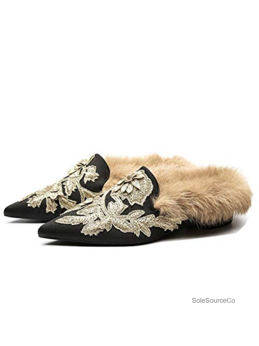 Womens Embroidered Mule Slippers Plush Lamb Fur Velvet House Shoes